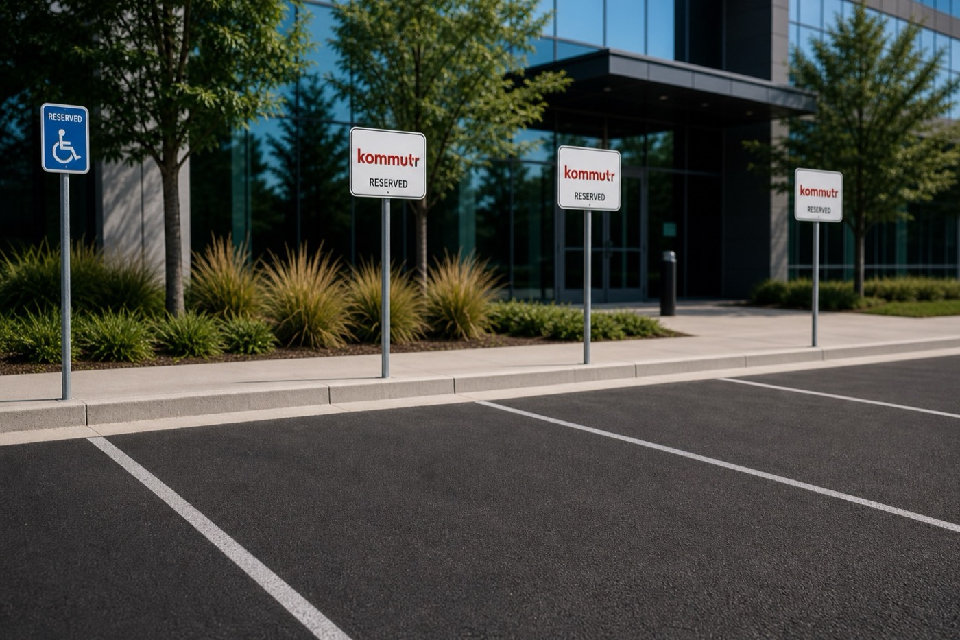 Kommutr reserved parking signs next to accessible parking at an office entrance