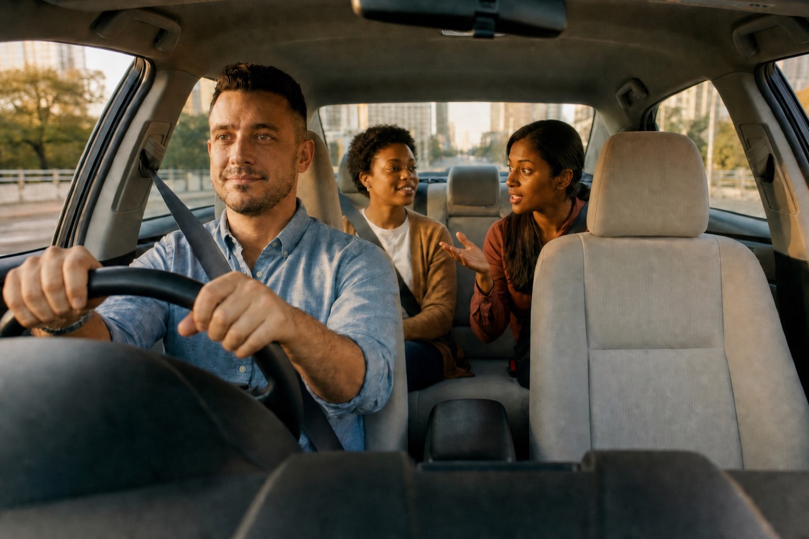 Driver and two co-riders sharing a commute, talking in the back seat