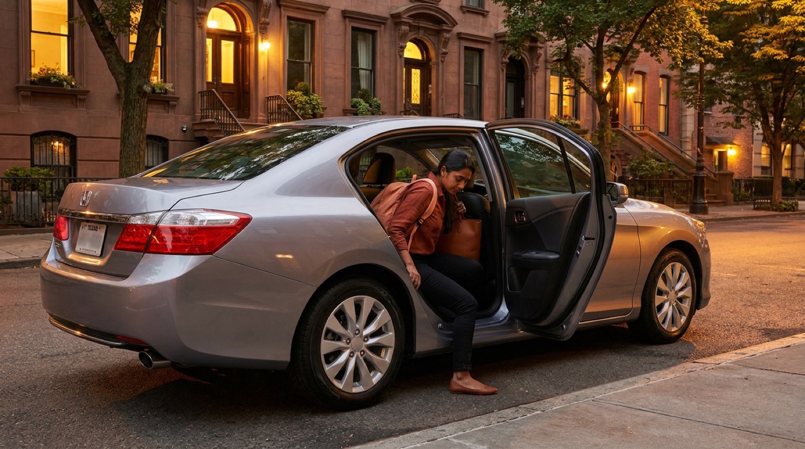Rider stepping out of a silver sedan after a shared commute