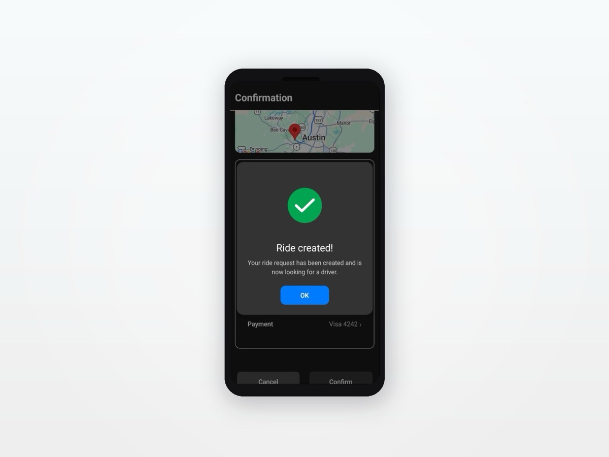 Phone showing Ride created confirmation after booking a commute